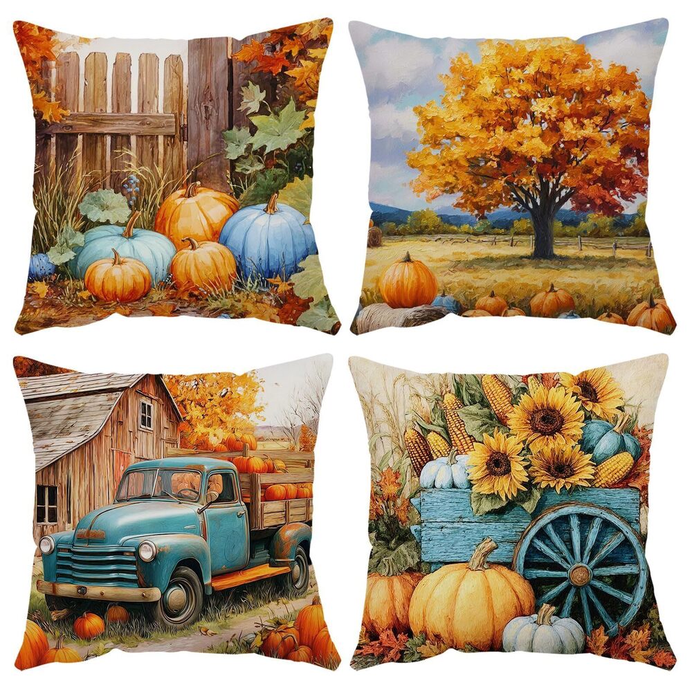 4297 Fall Throw Pillow Covers 12x12 Set of 4 Velvet Thanksgiving Pumpkin